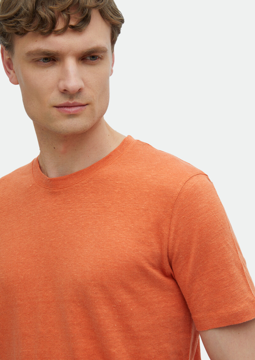 Orange Plain Crew Neck 100% Linen T-Shirt - 4