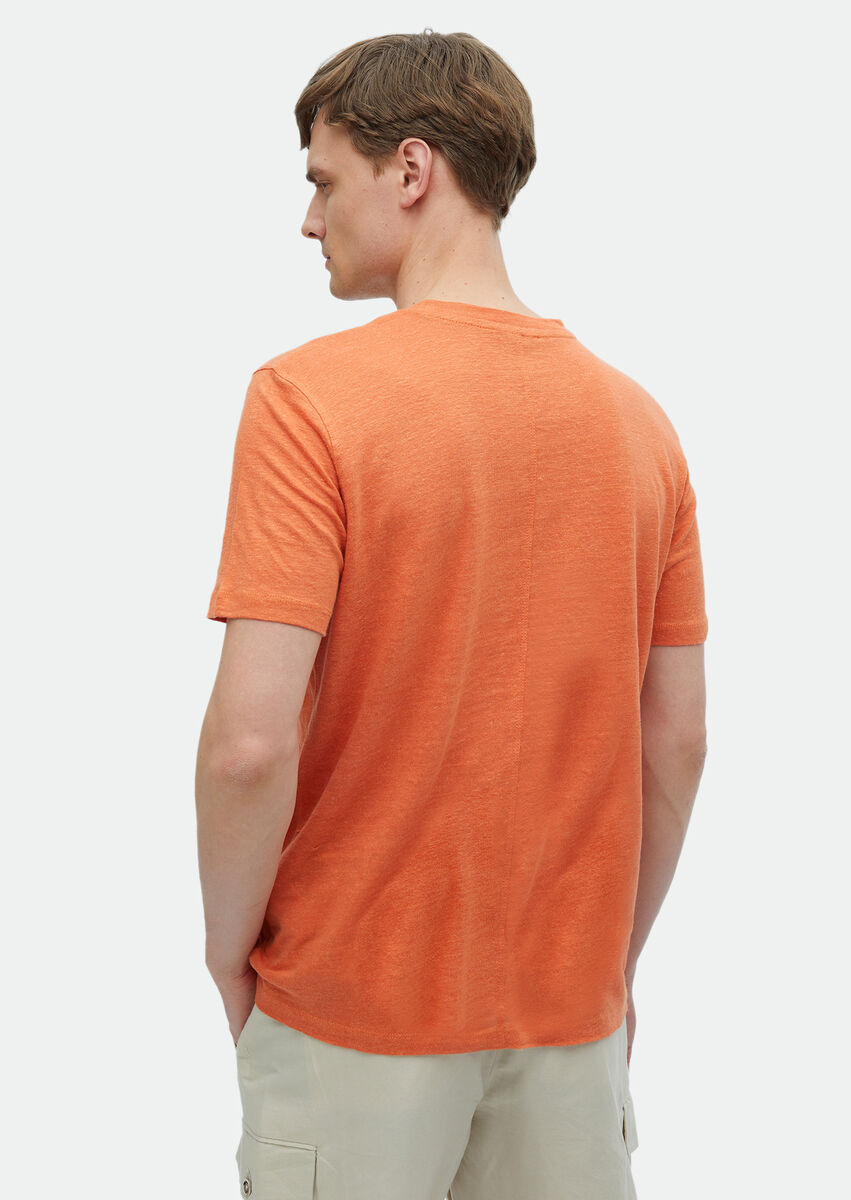 Orange Plain Crew Neck 100% Linen T-Shirt - 5