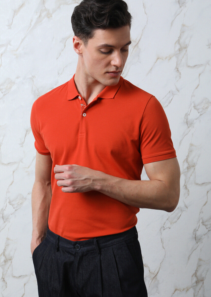 Orange Plain Polo Neck 100% Cotton T-Shirt - 4