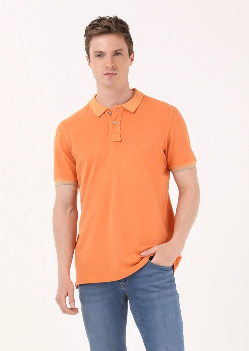 Orange Plain Polo Neck 100% Cotton T-Shirt - 1