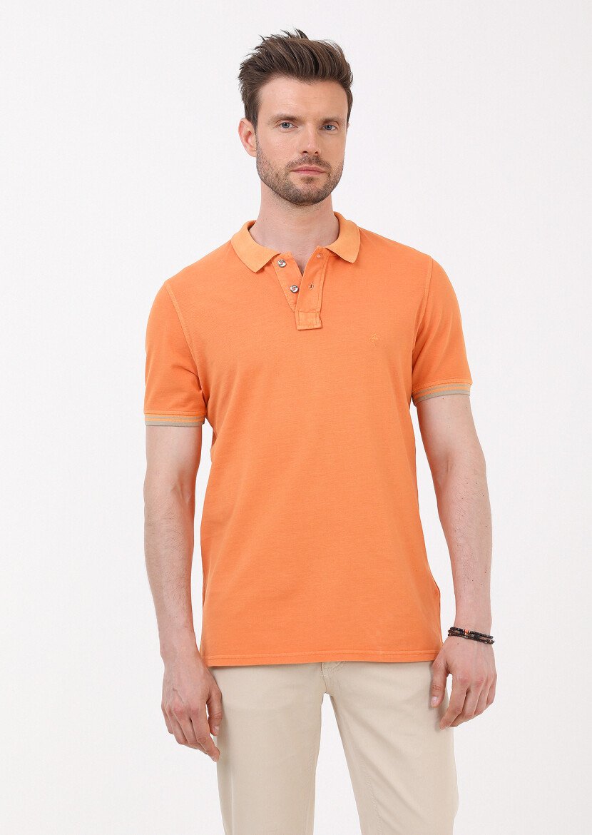 Orange Plain Polo Neck 100% Cotton T-Shirt - 5