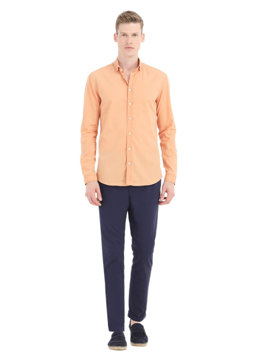 Orange Plain Regular Fit Long Weaving Casual 100% Cotton Shirt - 1