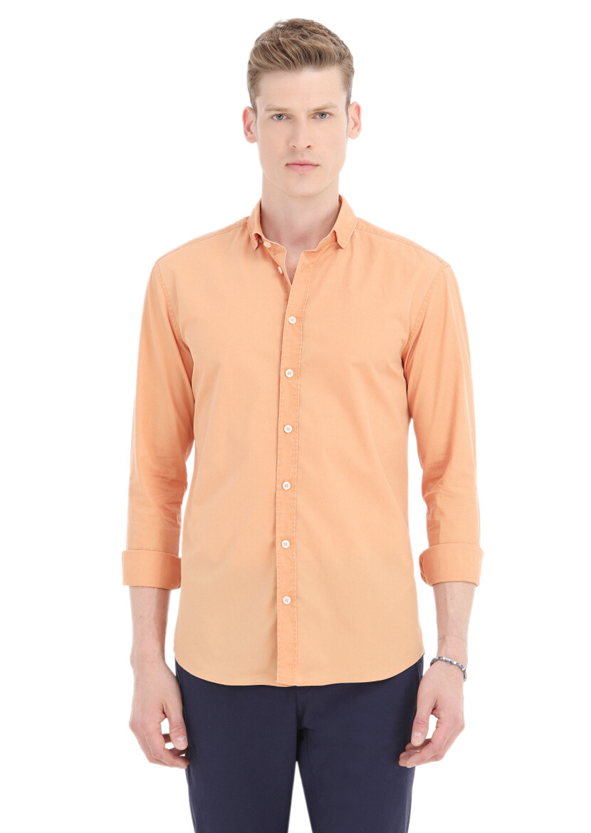 Orange Plain Regular Fit Long Weaving Casual 100% Cotton Shirt 
