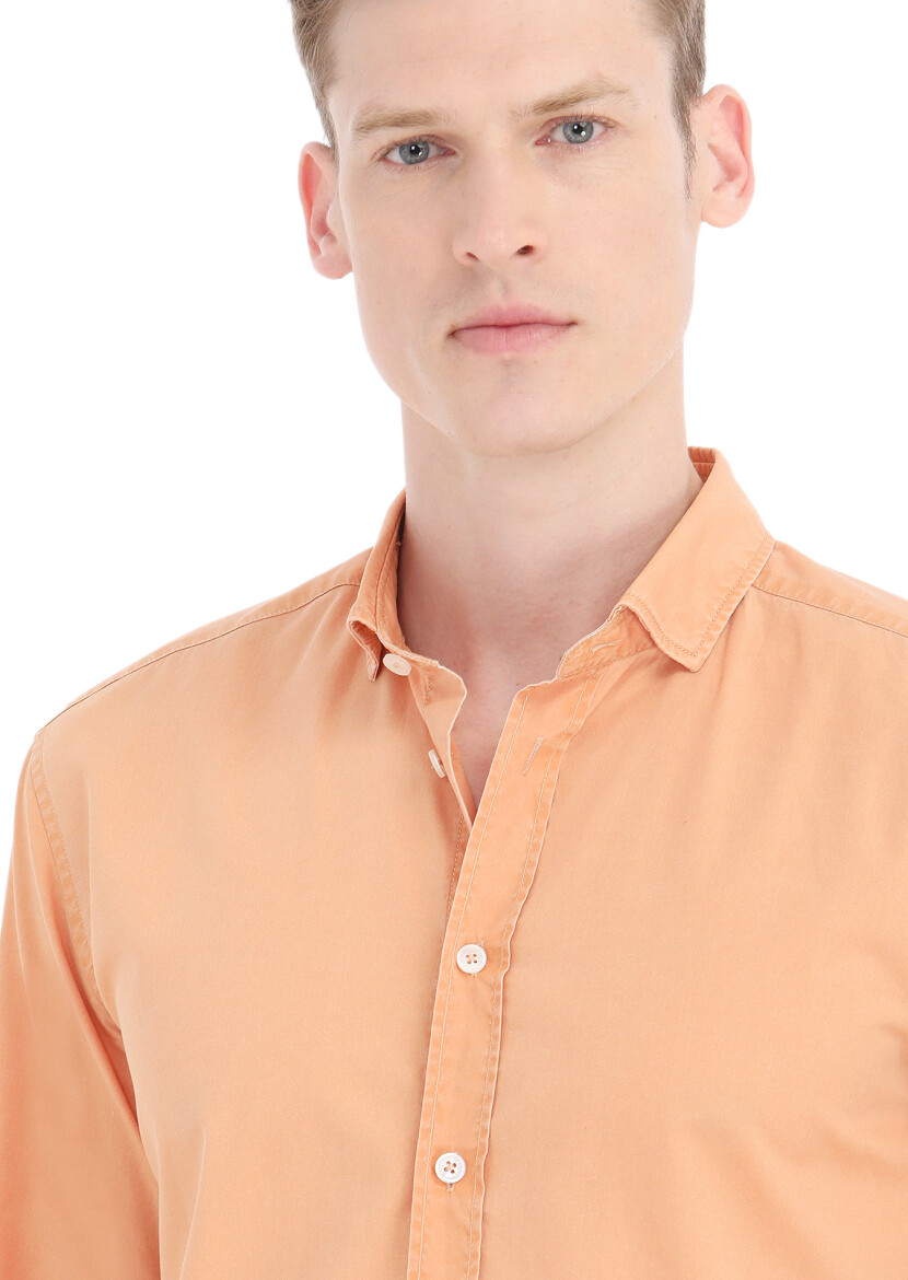 Orange Plain Regular Fit Long Weaving Casual 100% Cotton Shirt - 3