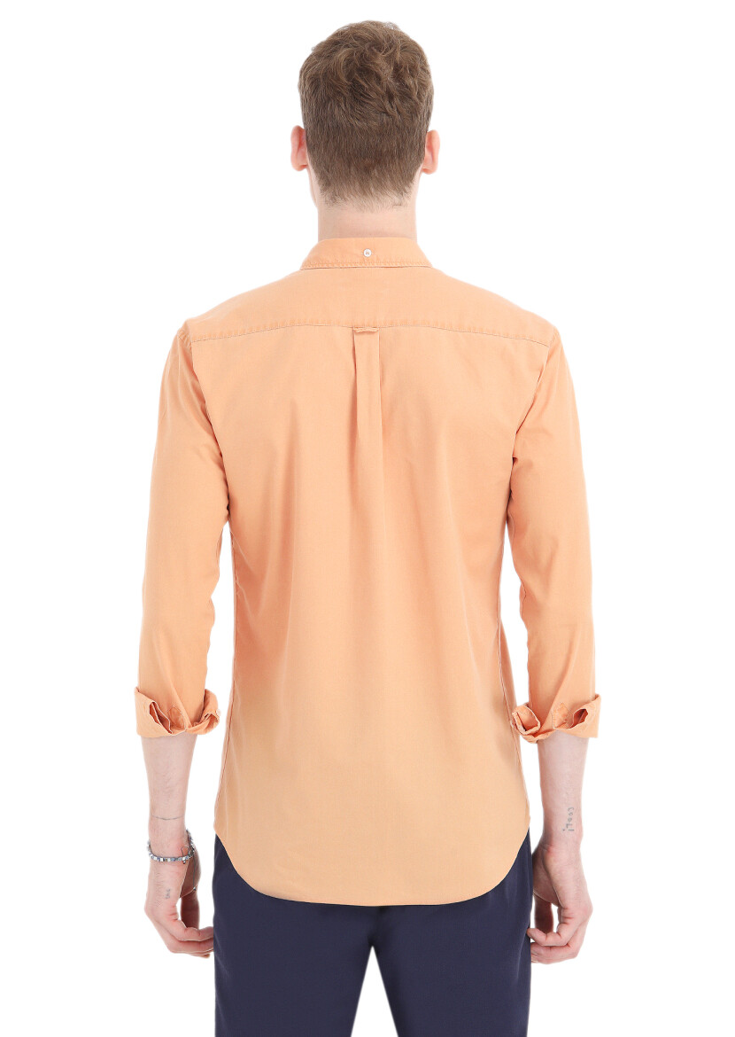 Orange Plain Regular Fit Long Weaving Casual 100% Cotton Shirt - 4