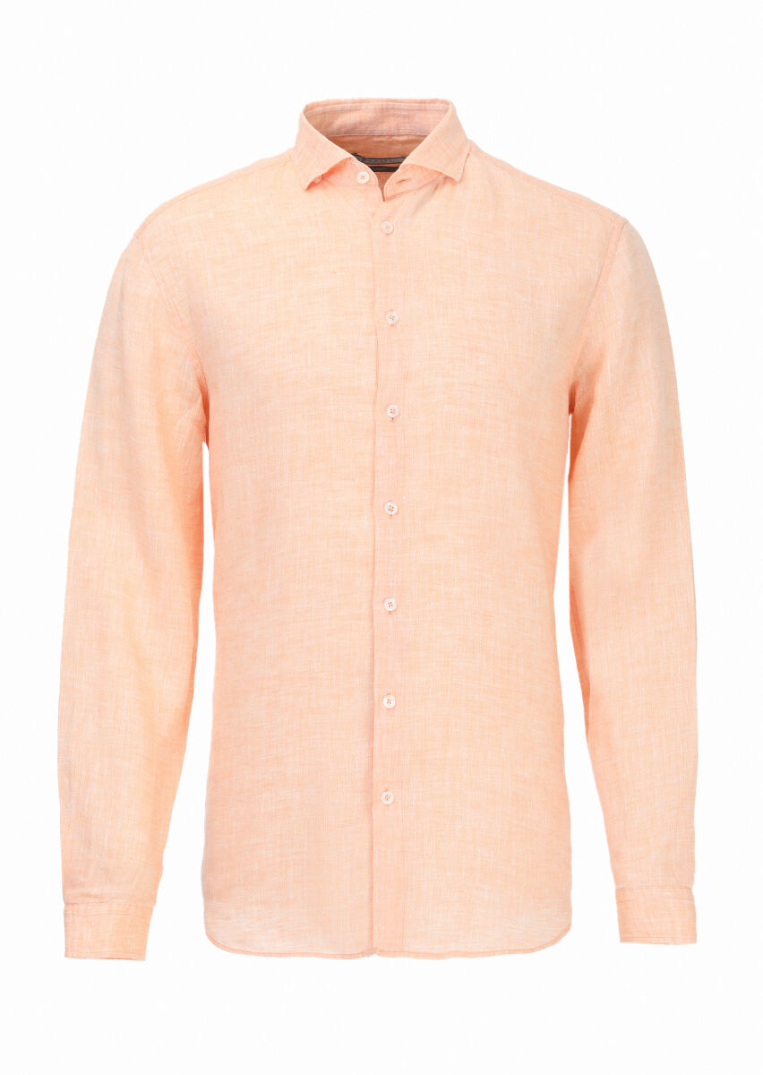 Orange Plain Regular Fit Long Weaving Casual 100% Linen Shirt - 1