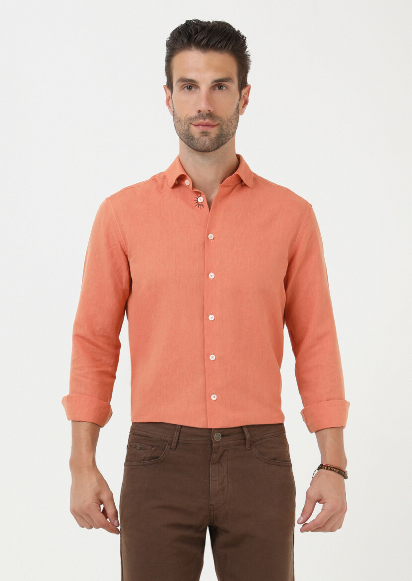 Orange Plain Regular Fit Long Weaving Casual Cotton Blended Shirt - 1