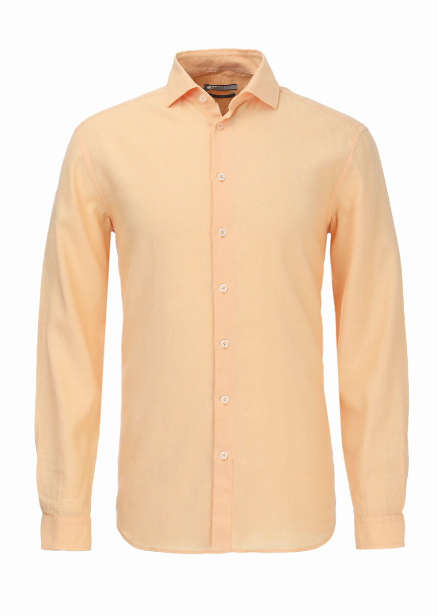 Orange Plain Regular Fit Long Weaving Casual Cotton Blended Shirt - 1