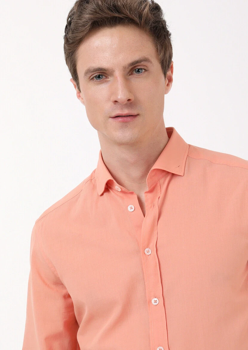 Orange Plain Regular Fit Weaving Casual 100% Cotton Shirt 