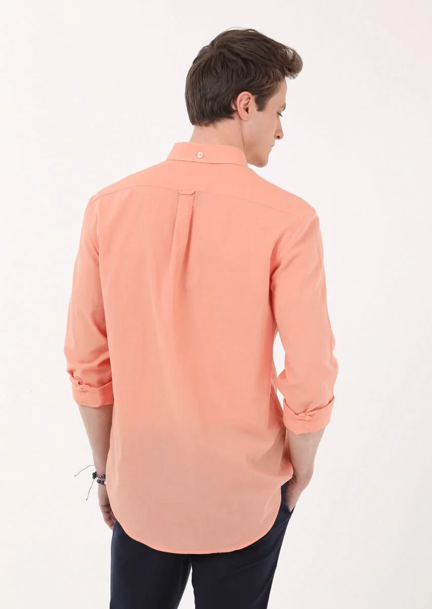 Orange Plain Regular Fit Weaving Casual 100% Cotton Shirt - 5
