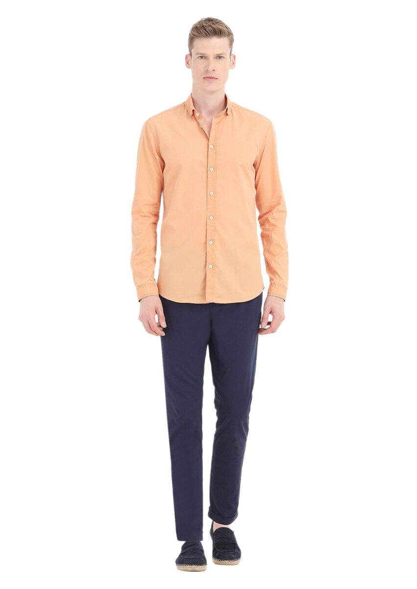 Orange Plain Regular Fit Weaving Casual 100% Cotton Shirt - 1