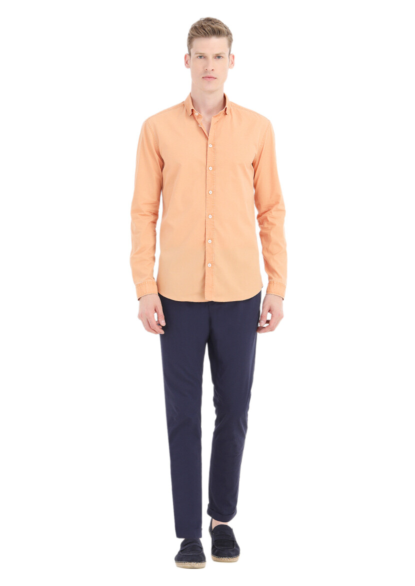 Orange Plain Regular Fit Weaving Casual 100% Cotton Shirt 