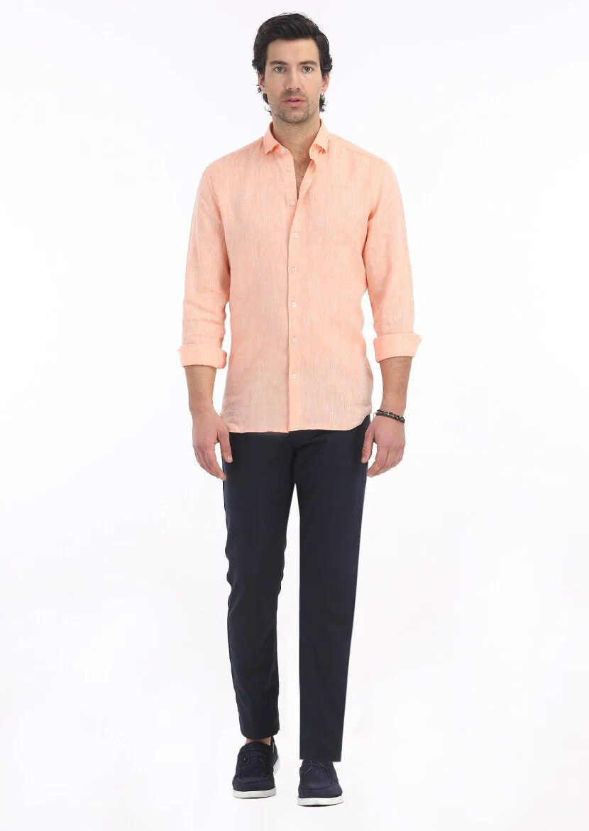Orange Plain Regular Fit Weaving Casual 100% Linen Shirt - 1