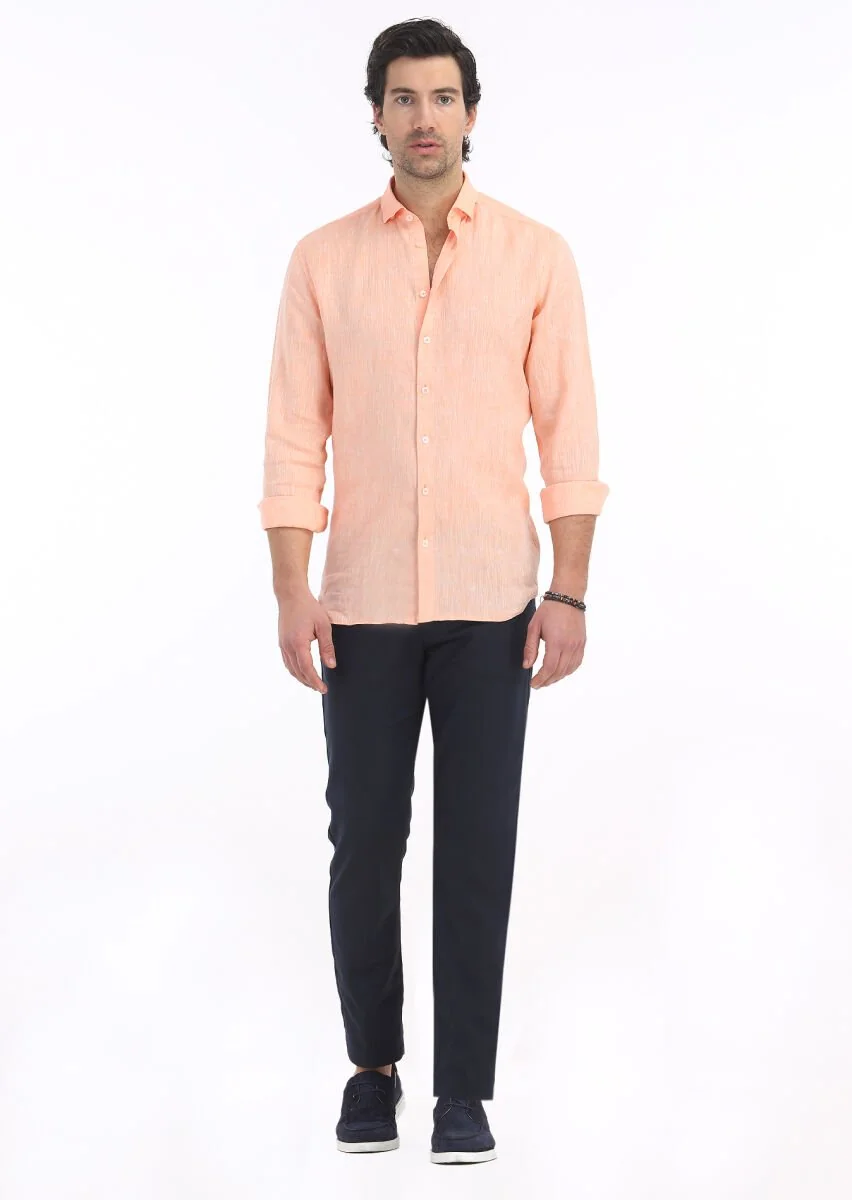 Orange Plain Regular Fit Weaving Casual 100% Linen Shirt - 1