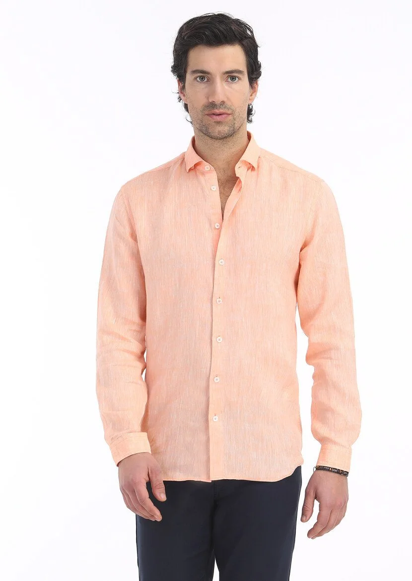 Orange Plain Regular Fit Weaving Casual 100% Linen Shirt - 2