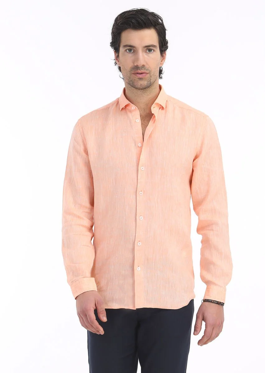 Orange Plain Regular Fit Weaving Casual 100% Linen Shirt - 2
