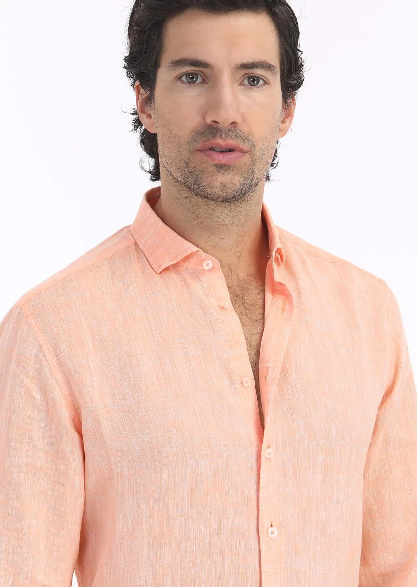 Orange Plain Regular Fit Weaving Casual 100% Linen Shirt - 3