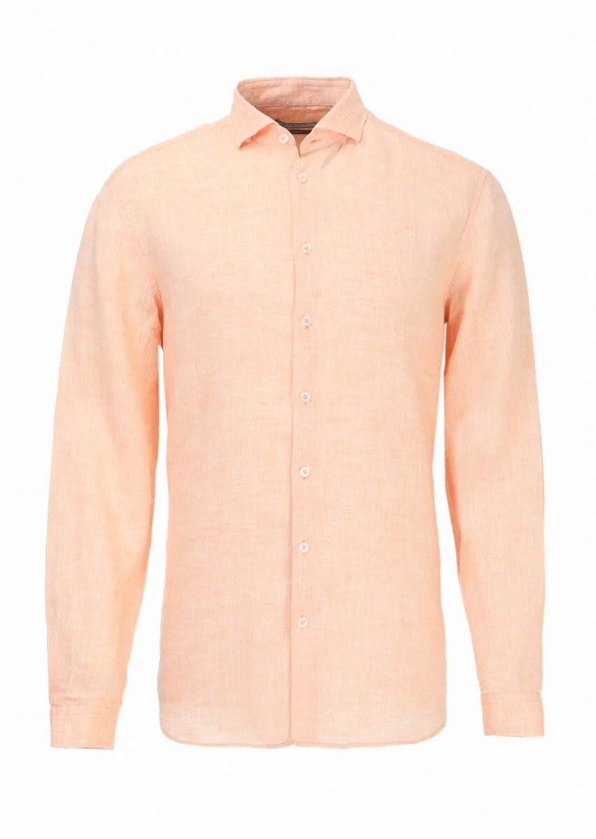Orange Plain Regular Fit Weaving Casual 100% Linen Shirt - 6
