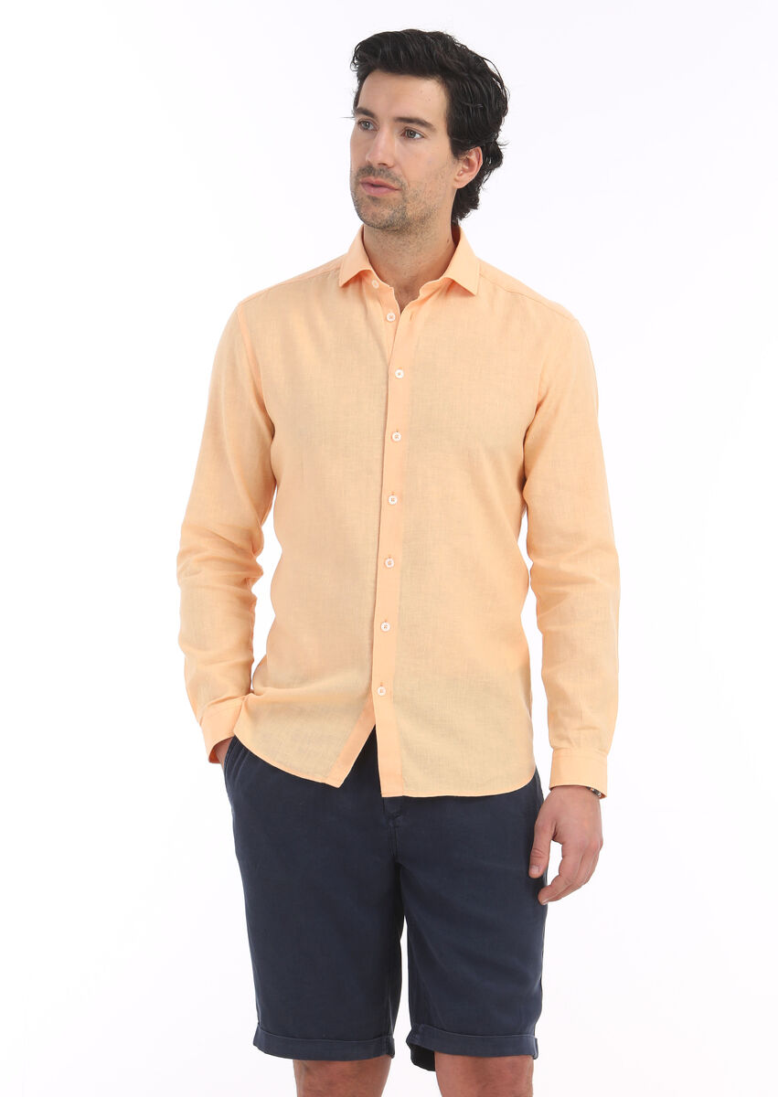 Orange Plain Regular Fit Weaving Casual Cotton Blended Shirt - 2