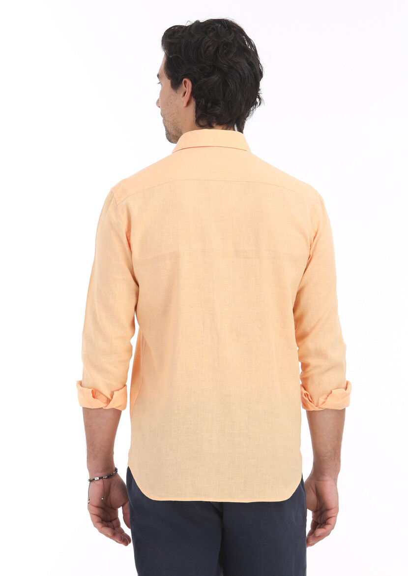 Orange Plain Regular Fit Weaving Casual Cotton Blended Shirt - 4