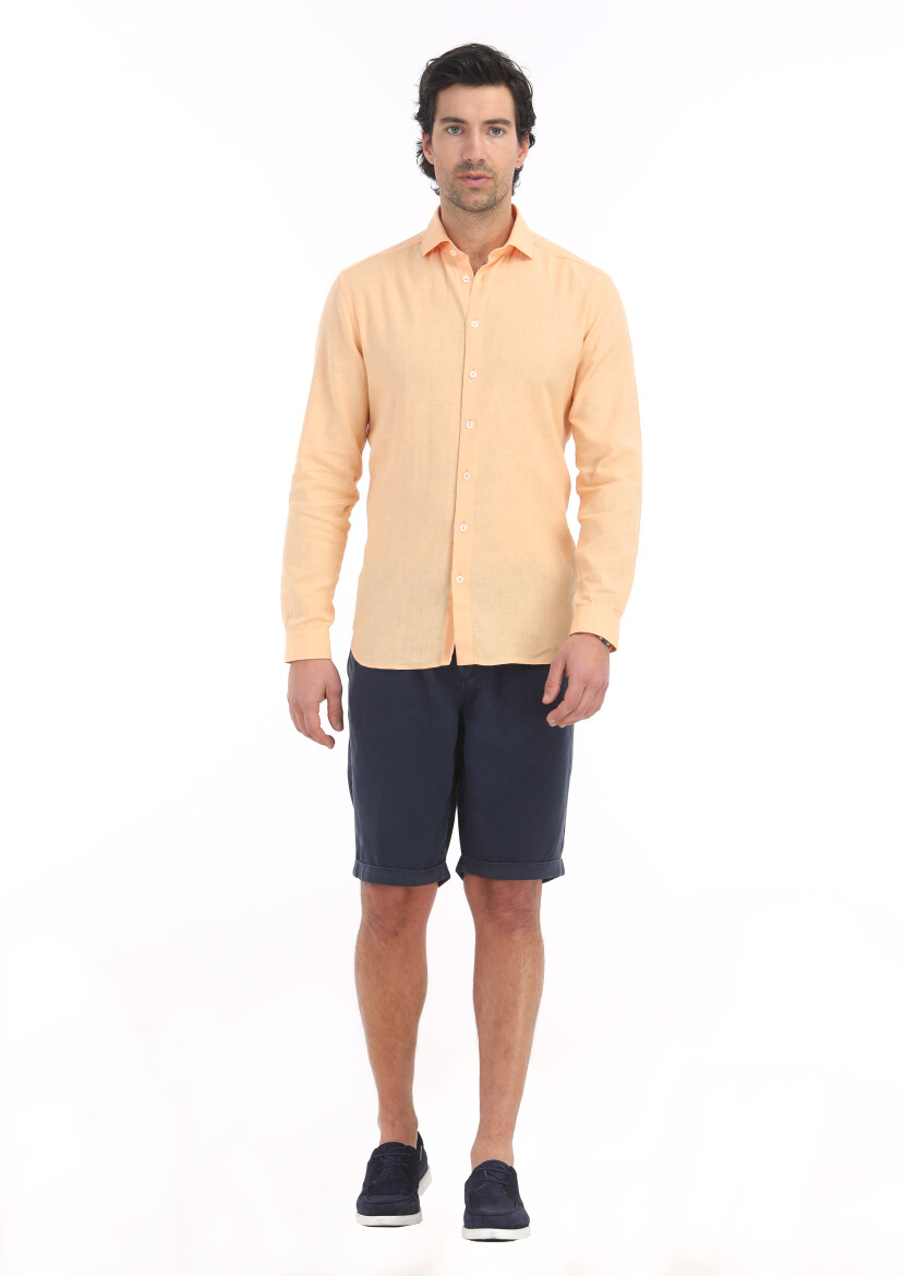 Orange Plain Regular Fit Weaving Casual Cotton Blended Shirt 