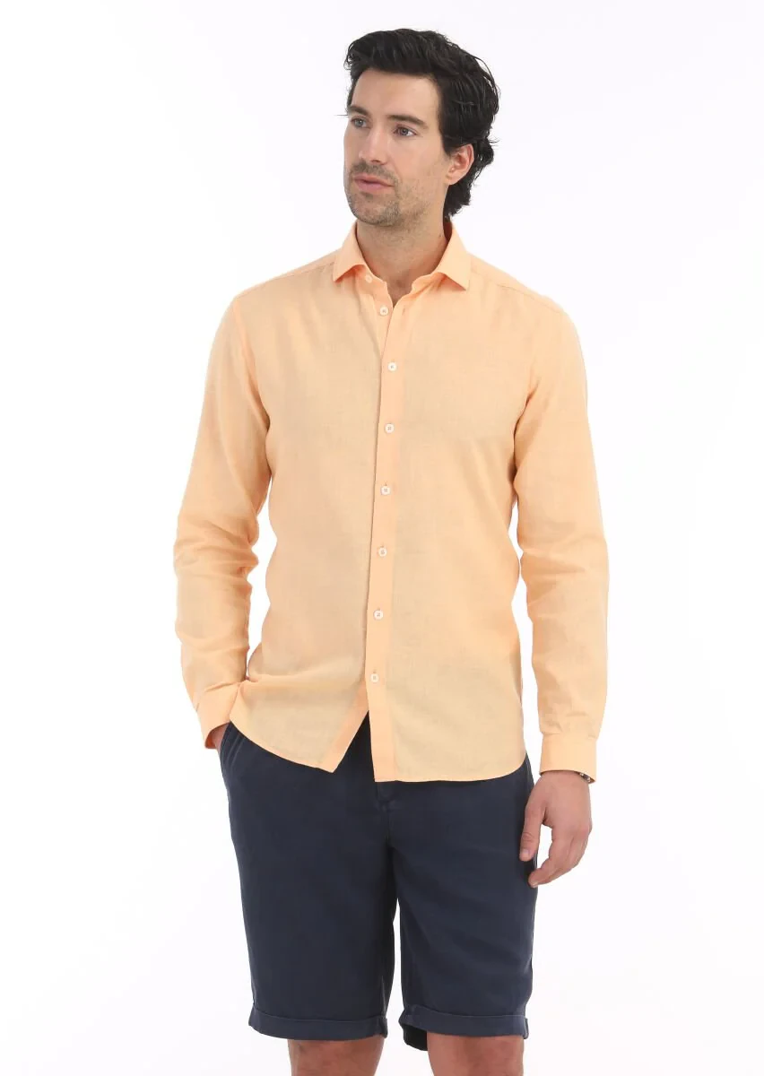 Orange Plain Regular Fit Weaving Casual Cotton Blended Shirt - 2