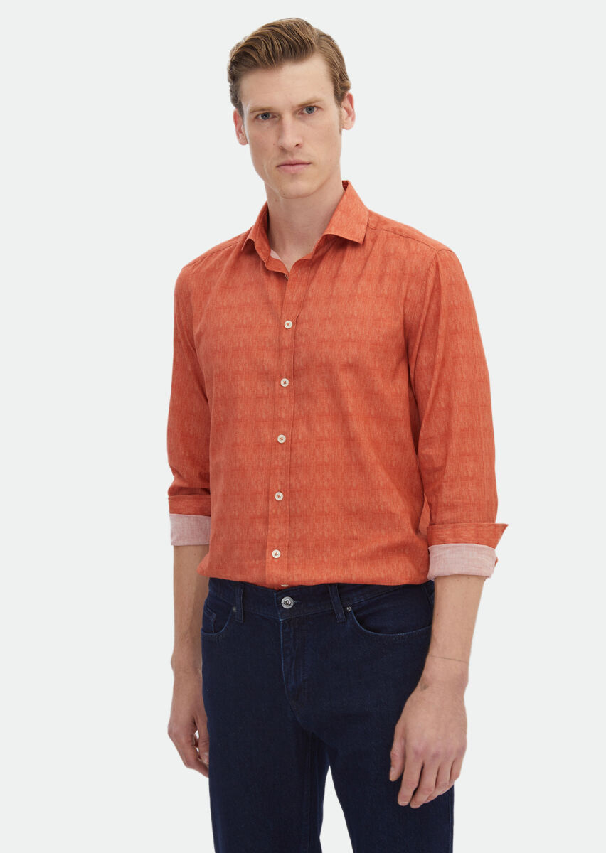 Orange Printed Regular Fit Long Weaving Casual 100% Cotton Shirt - 1