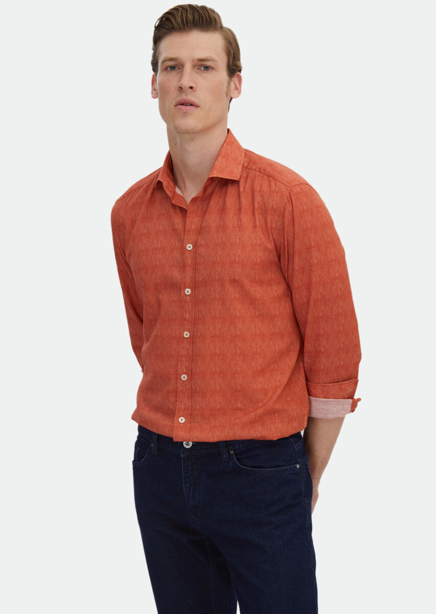 Orange Printed Regular Fit Long Weaving Casual 100% Cotton Shirt - 3