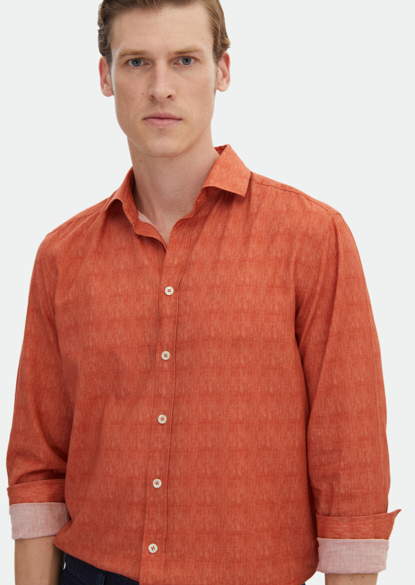 Orange Printed Regular Fit Long Weaving Casual 100% Cotton Shirt - 4