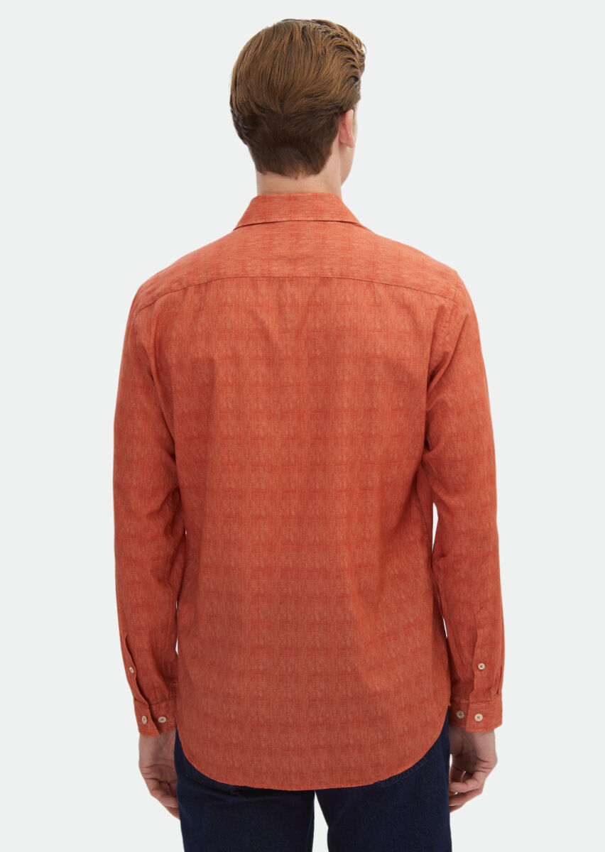 Orange Printed Regular Fit Long Weaving Casual 100% Cotton Shirt - 7