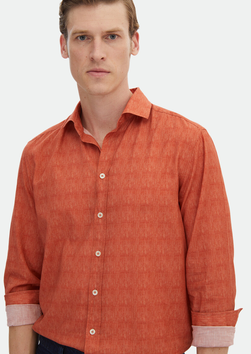 Orange Printed Regular Fit Weaving Casual 100% Cotton Shirt - 4