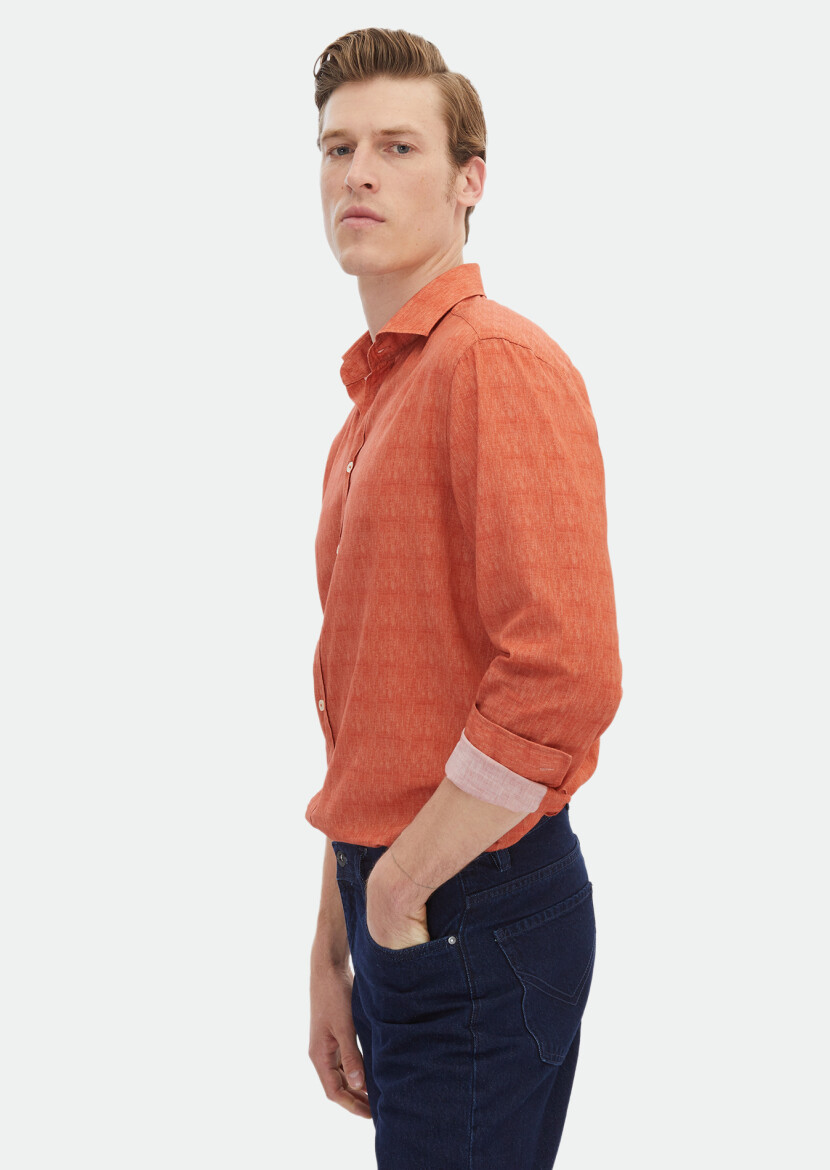 Orange Printed Regular Fit Weaving Casual 100% Cotton Shirt - 5