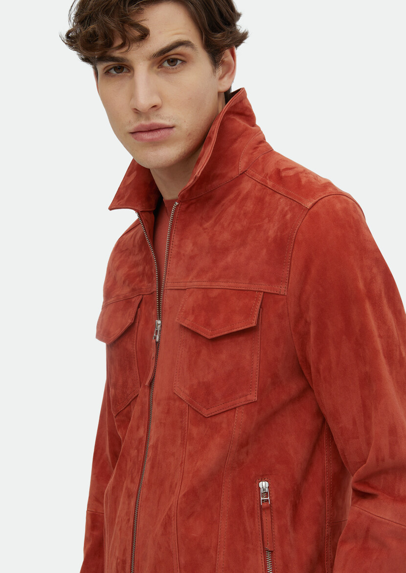 Orange Regular Fit Turtleneck Casual Suede Leather Coat - 4