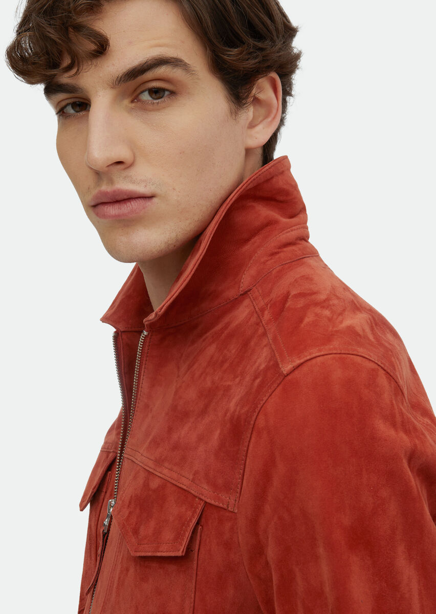 Orange Regular Fit Turtleneck Casual Suede Leather Coat - 5