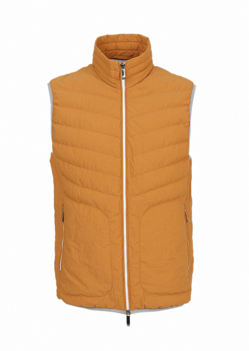 Orange Regular Fit Turtleneck Casual Weaving Puffer Vest 