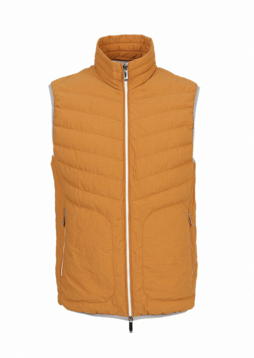 Orange Regular Fit Turtleneck Casual Weaving Puffer Vest - 1