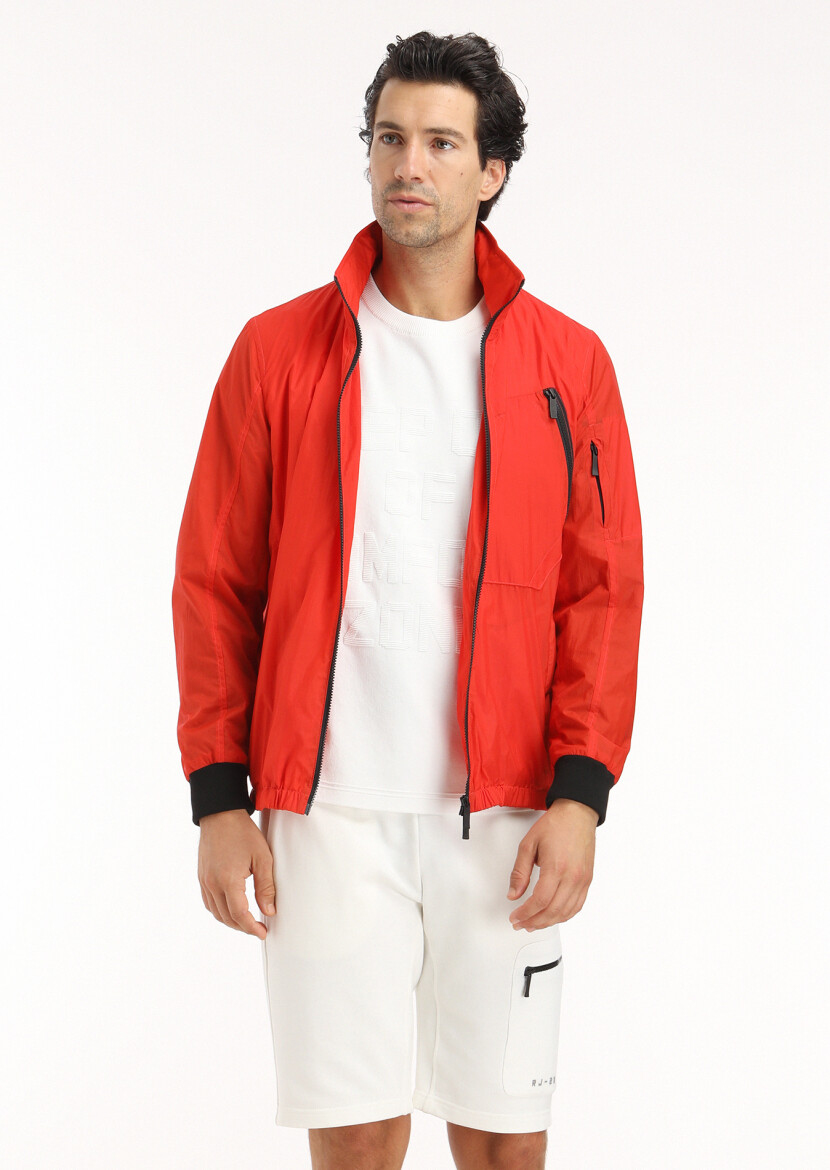 Orange Regular Fit Turtleneck Denim Weaving Removable Hood Coat - 3
