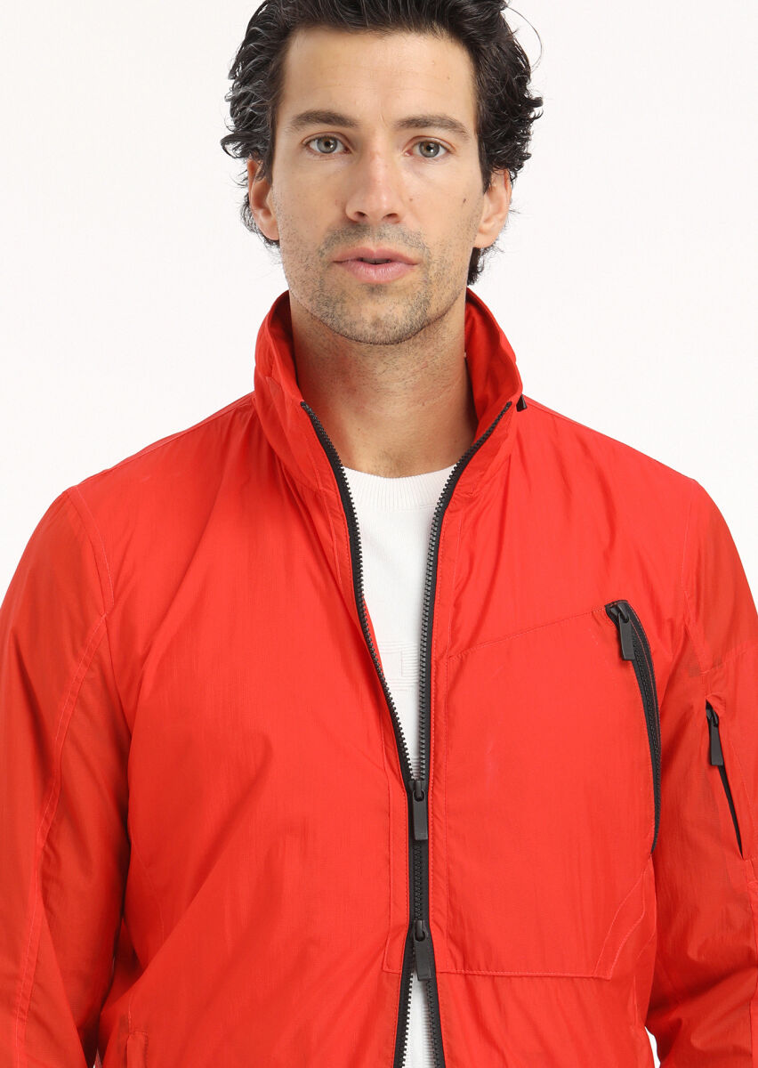 Orange Regular Fit Turtleneck Denim Weaving Removable Hood Coat - 5
