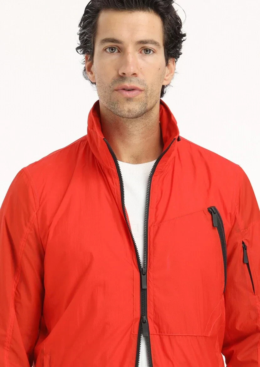 Orange Regular Fit Turtleneck Denim Weaving Removable Hood Coat - 5