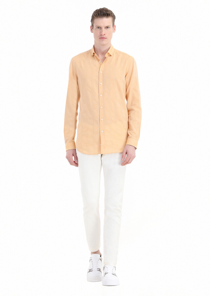 Orange Striped Regular Fit Long Weaving Casual 100% Cotton Shirt - 1