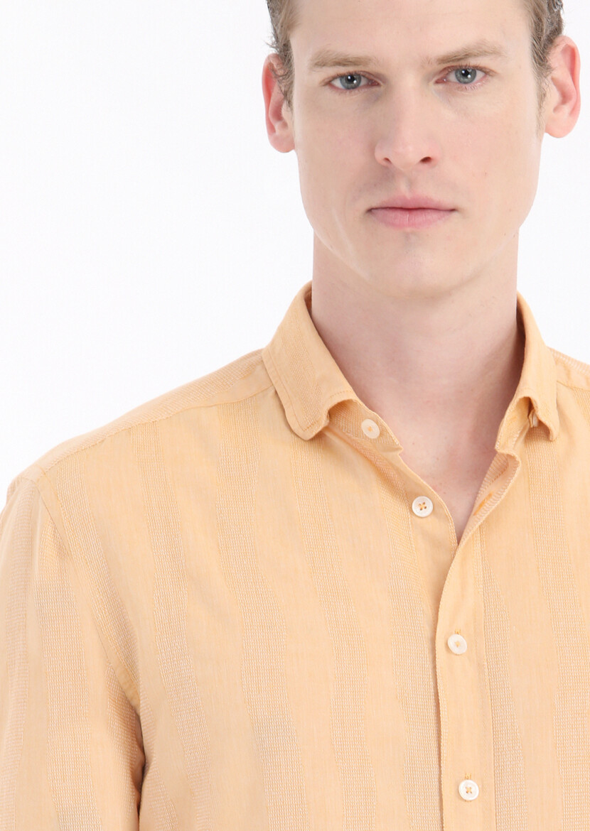 Orange Striped Regular Fit Long Weaving Casual 100% Cotton Shirt - 4