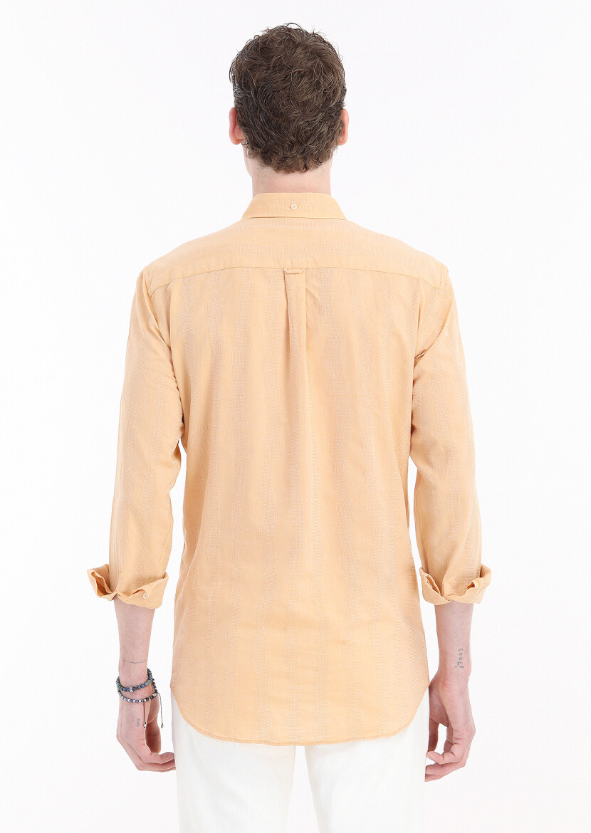 Orange Striped Regular Fit Long Weaving Casual 100% Cotton Shirt - 5