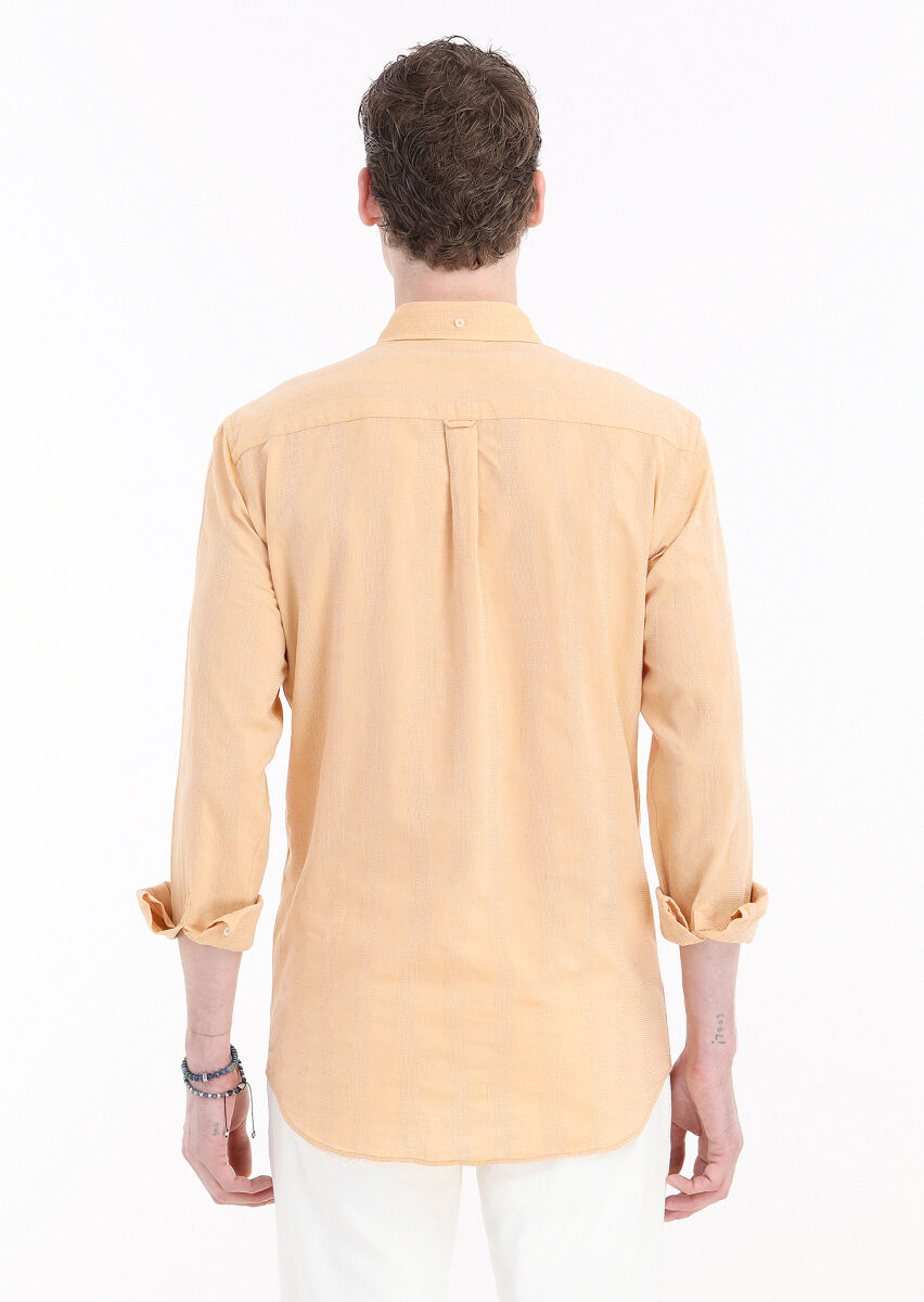 Orange Striped Regular Fit Long Weaving Casual 100% Cotton Shirt - 5