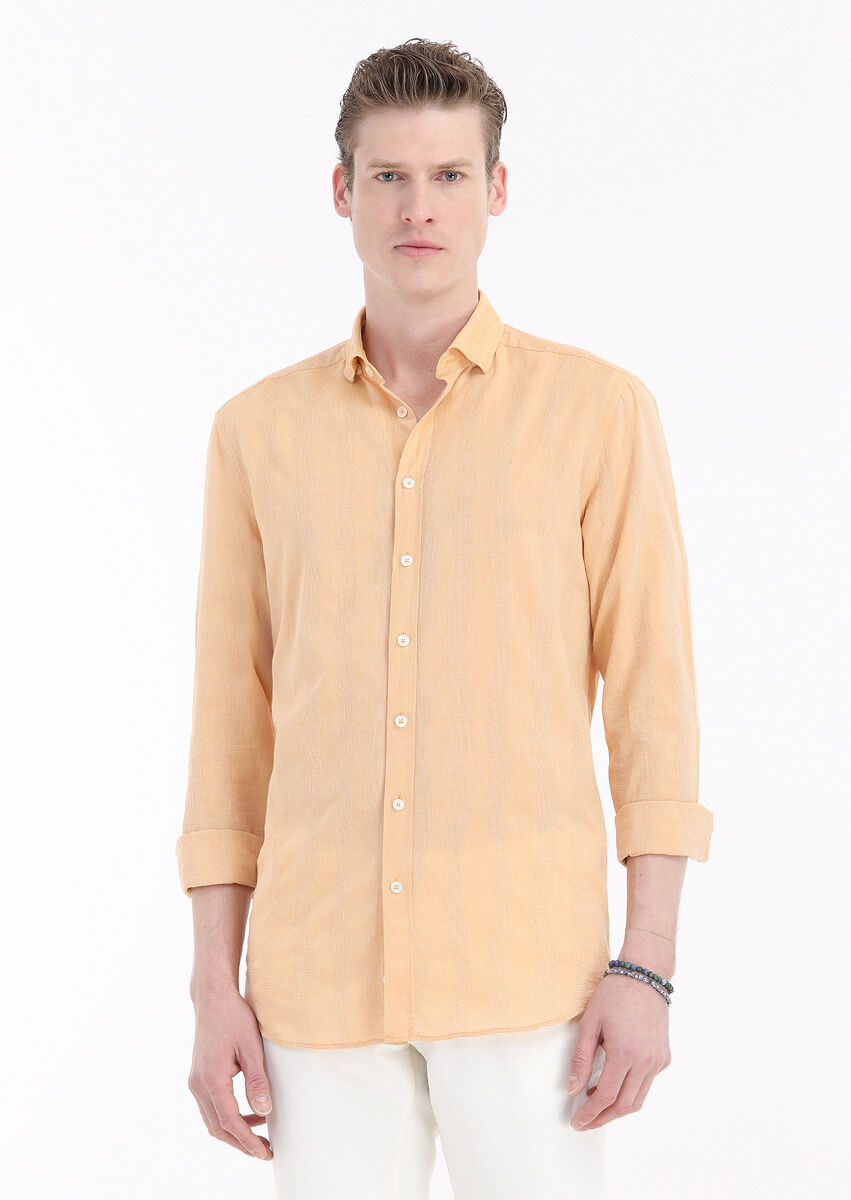 Orange Striped Regular Fit Weaving Casual 100% Cotton Shirt - 2