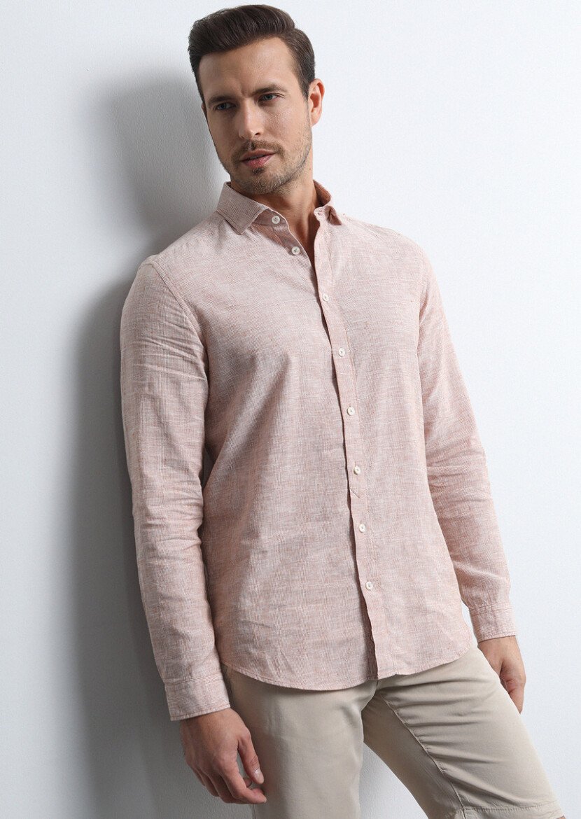 Orange Striped Regular Fit Weaving Casual Cotton Blended Shirt - 1