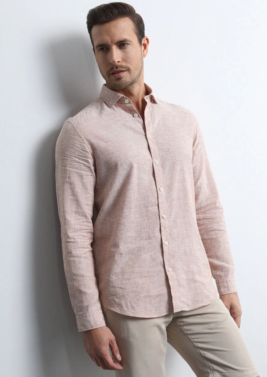 Orange Striped Regular Fit Weaving Casual Cotton Blended Shirt - 1