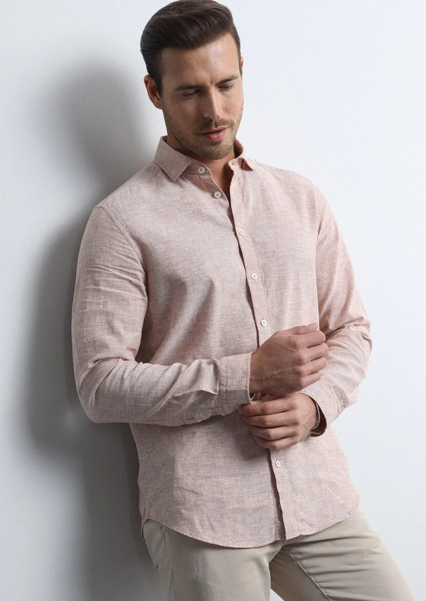 Orange Striped Regular Fit Weaving Casual Cotton Blended Shirt - 4