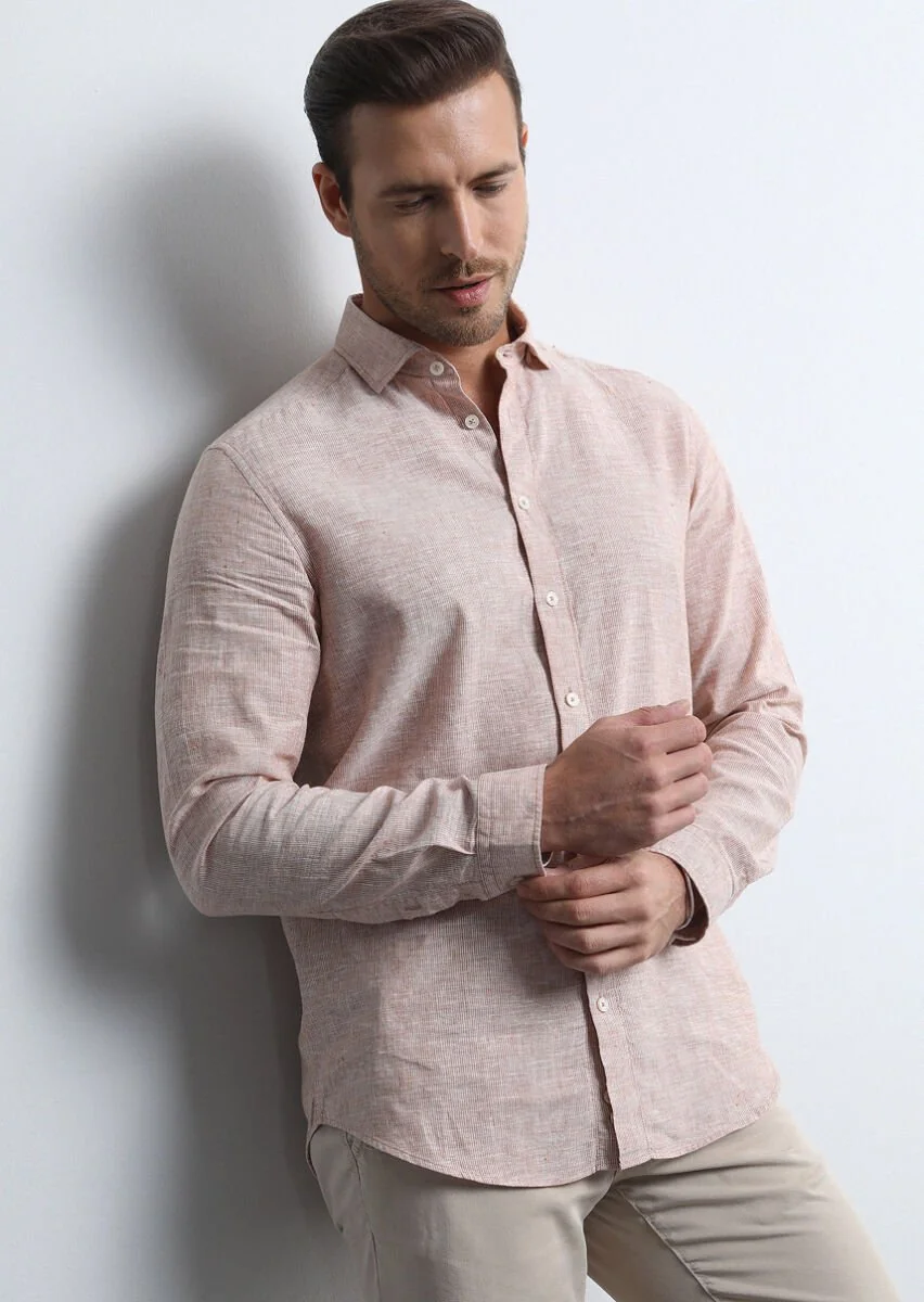 Orange Striped Regular Fit Weaving Casual Cotton Blended Shirt - 4