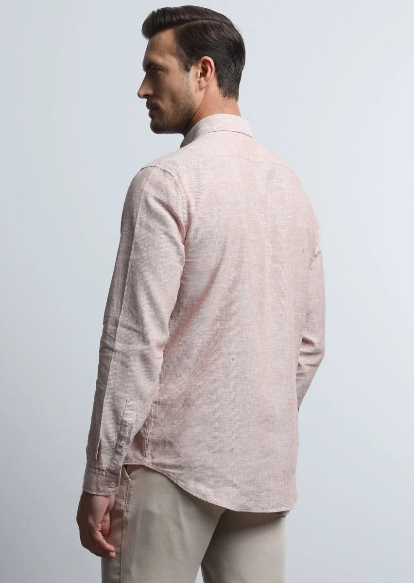 Orange Striped Regular Fit Weaving Casual Cotton Blended Shirt - 5