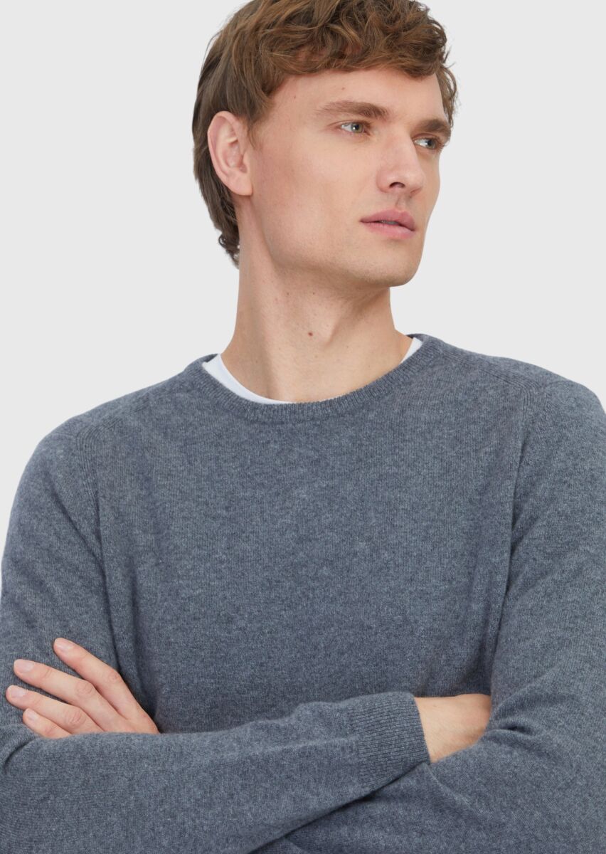 Orta Gri Bisiklet Yaka Düz Örgü %100 Kaşmir Triko Kazak - 3